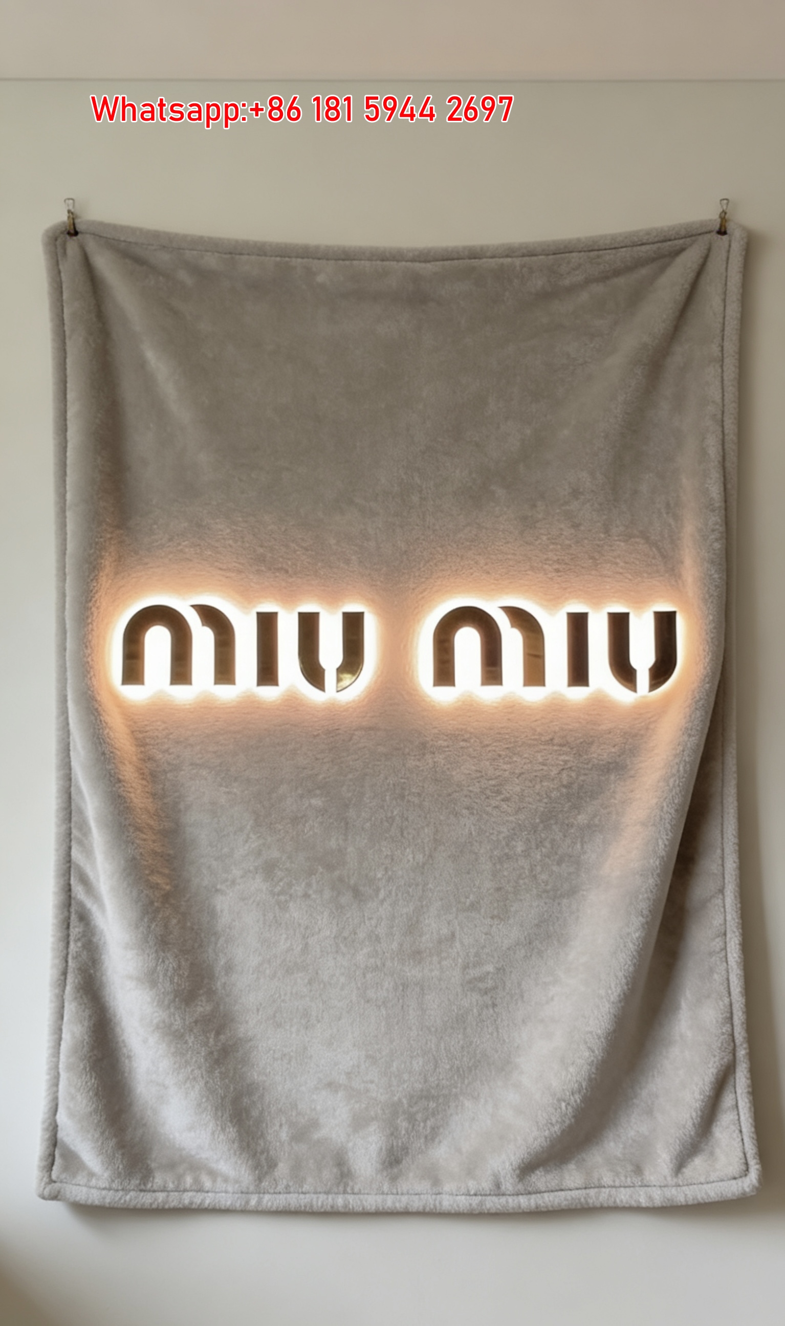 Miu Miu Glowing Logo Warm Beige Flannel Throw Blanket Miu Miu Neon Light Printed Sofa Blanket IMG_0386